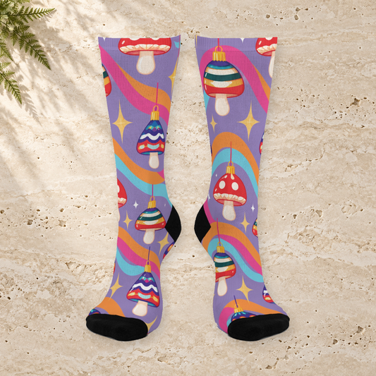 Retro Ornament Waves Christmas Mushroom Cushioned Crew Socks