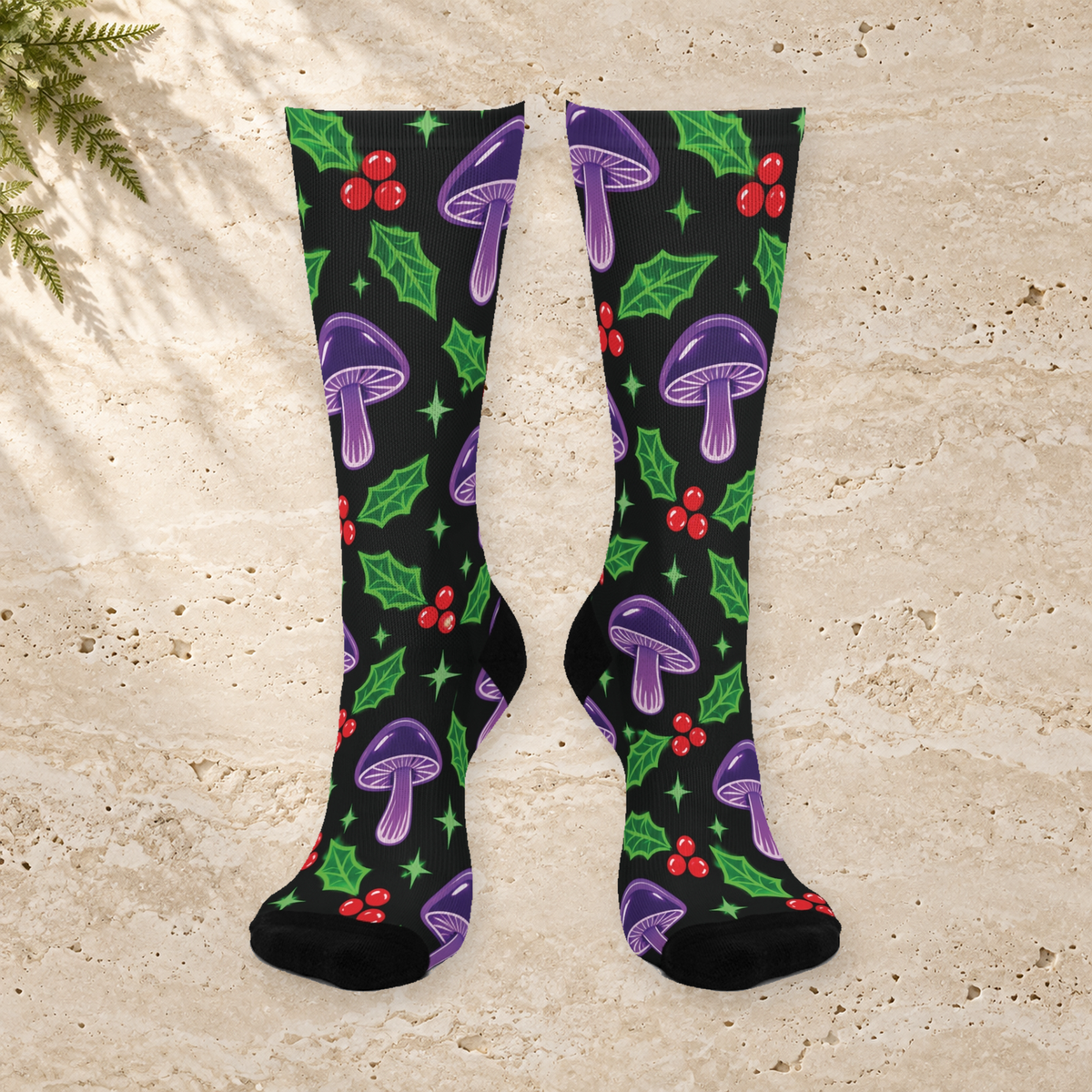 Electric Holly Christmas Mushroom Cushioned Crew Socks