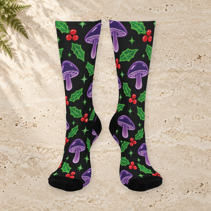 Electric Holly Christmas Mushroom Cushioned Crew Socks