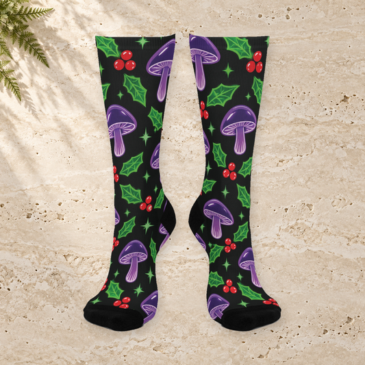 Electric Holly Christmas Mushroom Cushioned Crew Socks