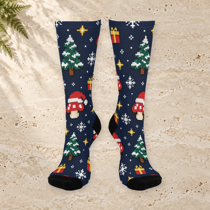 Pixel Snow Quest Christmas Mushroom Cushioned Crew Socks