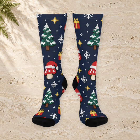 Pixel Snow Quest Christmas Mushroom Cushioned Crew Socks
