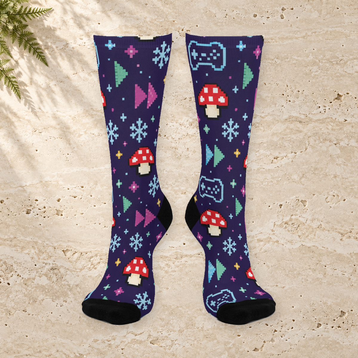 Pixel Frost Arcade Christmas Mushroom Cushioned Crew Socks