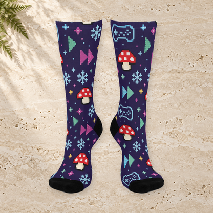 Pixel Frost Arcade Christmas Mushroom Cushioned Crew Socks