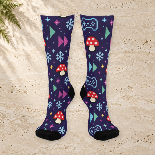 Pixel Frost Arcade Christmas Mushroom Cushioned Crew Socks