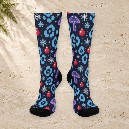 Electric Snow Leopard Christmas Mushroom Cushioned Crew Socks