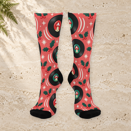 Holiday Vinyl Groove Christmas Mushroom Cushioned Crew Socks