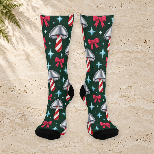 Candy Cane Chrome Christmas Mushroom Cushioned Crew Socks