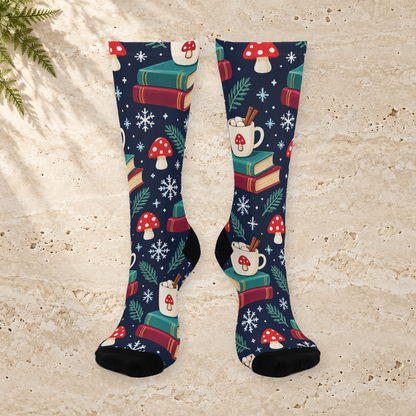 Snowy Book Nook Christmas Mushroom Cushioned Crew Socks