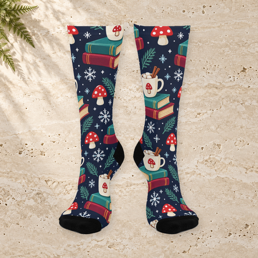 Snowy Book Nook Christmas Mushroom Cushioned Crew Socks