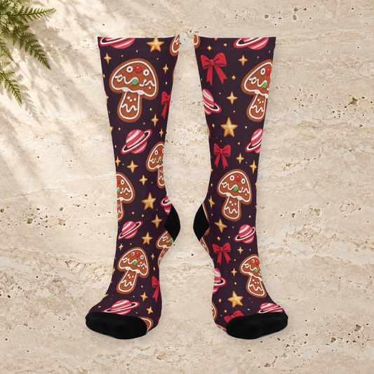 Gingerbread Galaxy Christmas Mushroom Cushioned Crew Socks