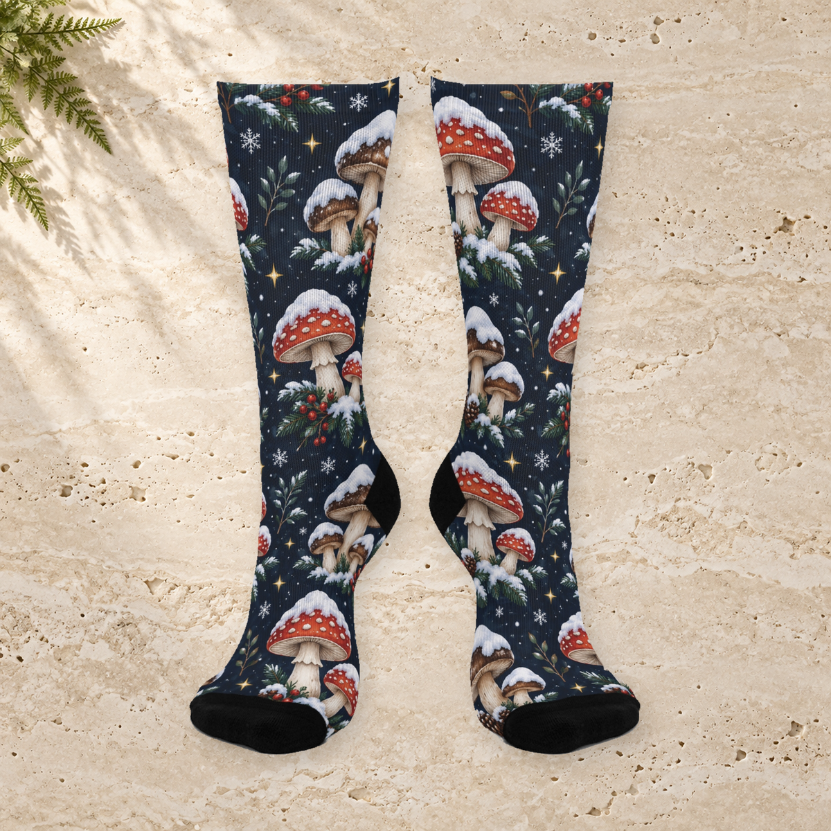 Midnight Snowcap Christmas Mushroom Cushioned Crew Socks