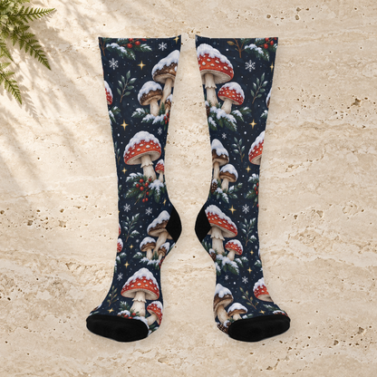 Midnight Snowcap Christmas Mushroom Cushioned Crew Socks
