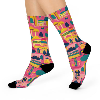 Pink Mushroom Village Crew Socks