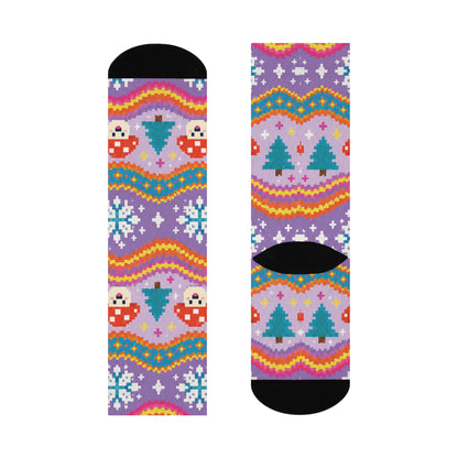 Retro Christmas Waves Christmas Mushroom Cushioned Crew Socks