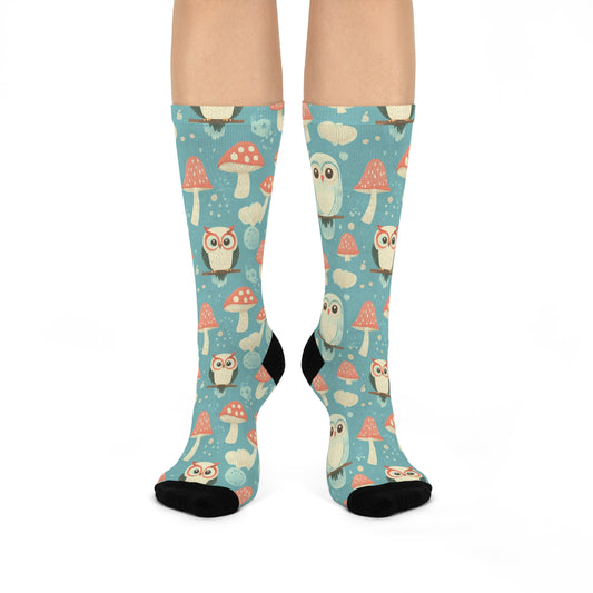 Mushroom + Owl Socks For Festival Season | Cushioned Crew Socks | Multicolor | Blue 024