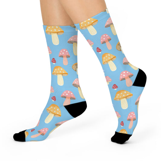 Mushroom Socks For Festival Season | Cushioned Crew Socks | Blue 021