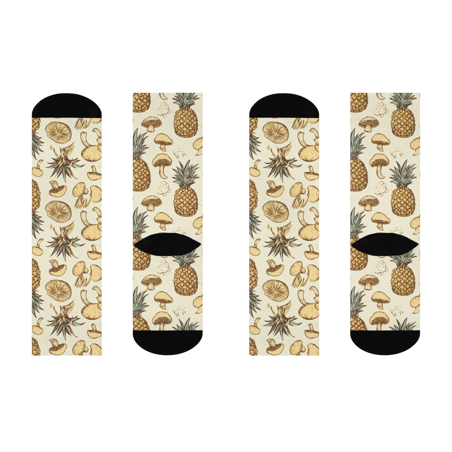 Mushroom + Pineapple Socks For Festival Season | Cushioned Crew Socks | Beige 006