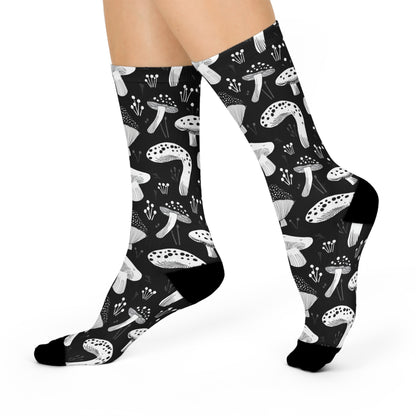Black & White Botanical Mushroom Crew Socks