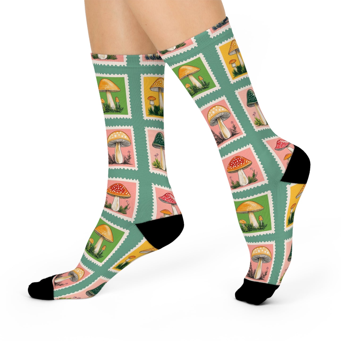 Mushroom Cushioned Crew Socks | Stamps | Green 034