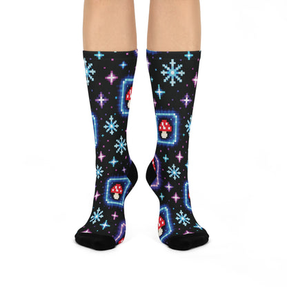 Neon Pixel Portal Christmas Mushroom Cushioned Crew Socks
