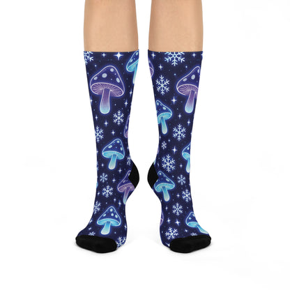 Midnight Mushroom Snow Christmas Mushroom Cushioned Crew Socks
