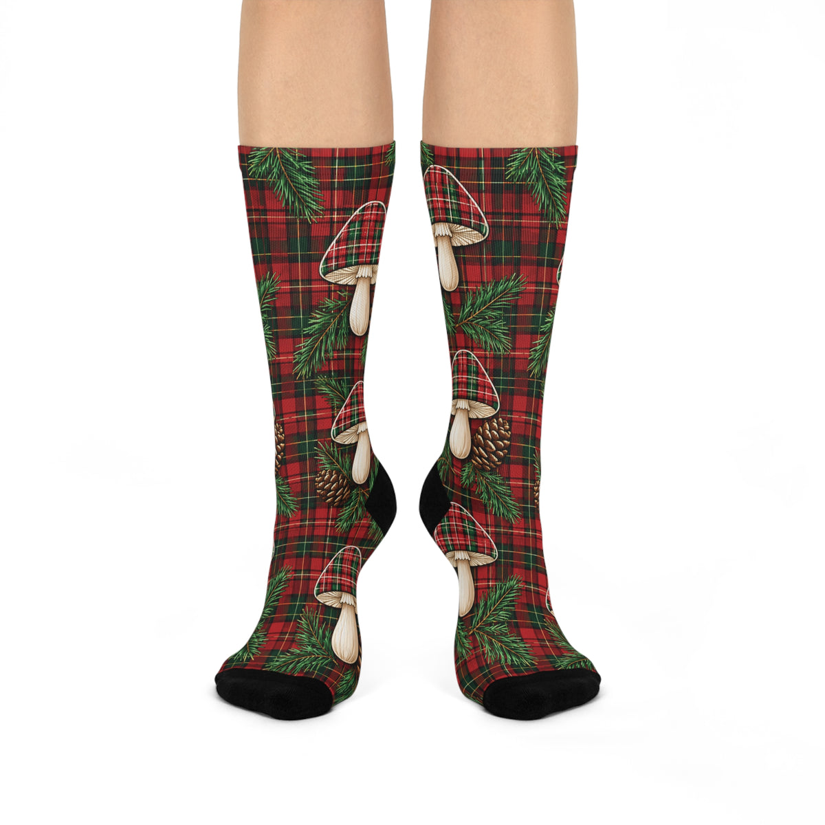 Festive Forest Plaid Christmas Mushroom Cushioned Crew Socks