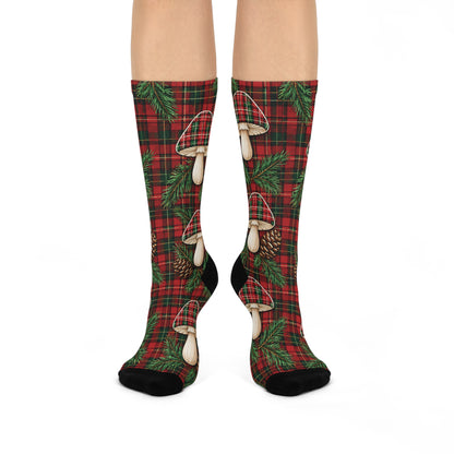 Festive Forest Plaid Christmas Mushroom Cushioned Crew Socks