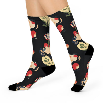 Black Folk Art Mushroom Crew Socks