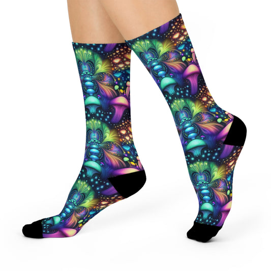 Mushroom Socks For Festival Season | Cushioned Crew Socks | Multicolor | Black 029