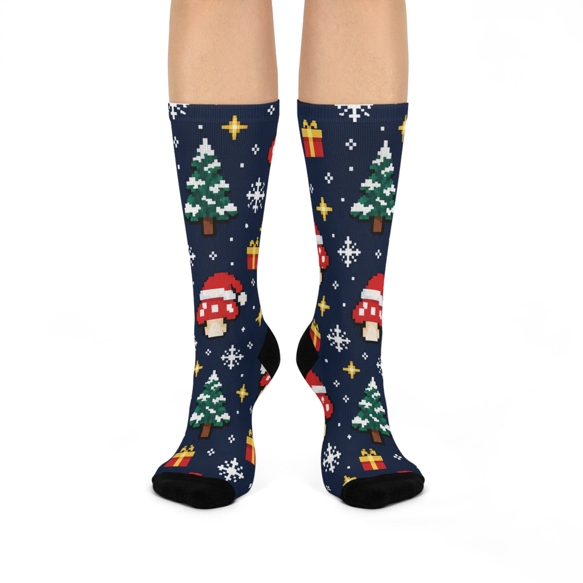 Pixel Snow Quest Christmas Mushroom Cushioned Crew Socks