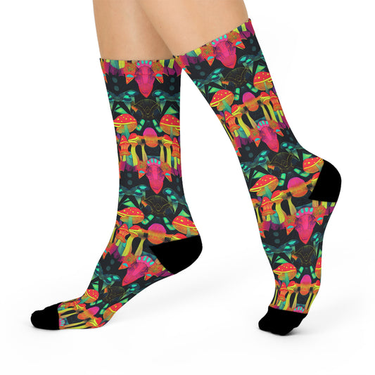 Mushroom Socks For Festival Season | Cushioned Crew Socks | Multicolor | Black 030