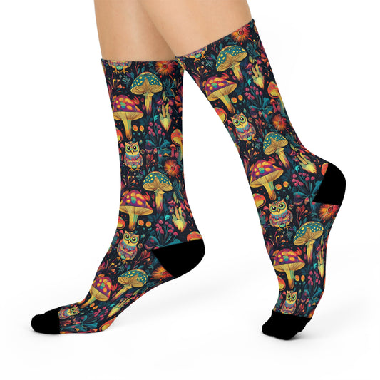 Mushroom Owl Socks For Festival Season | Cushioned Crew Socks | Multicolor | Black 031