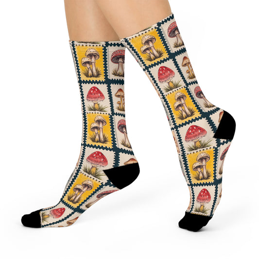 Mushroom Stamps Cushioned Crew Socks | Multicolored | Beige 004