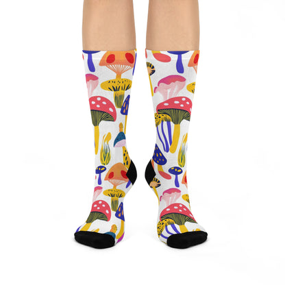Bold Color Mushroom Collage Crew Socks