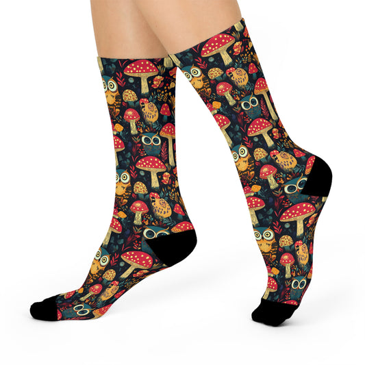 Mushroom Cushioned Crew Socks | Black 025 | Owls