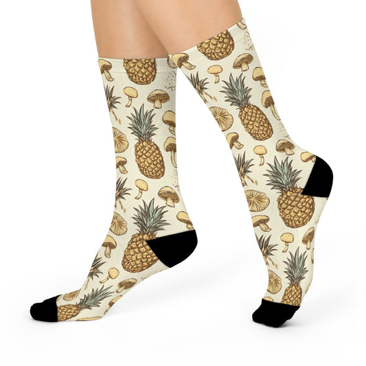 Mushroom + Pineapple Socks For Festival Season | Cushioned Crew Socks | Beige 006