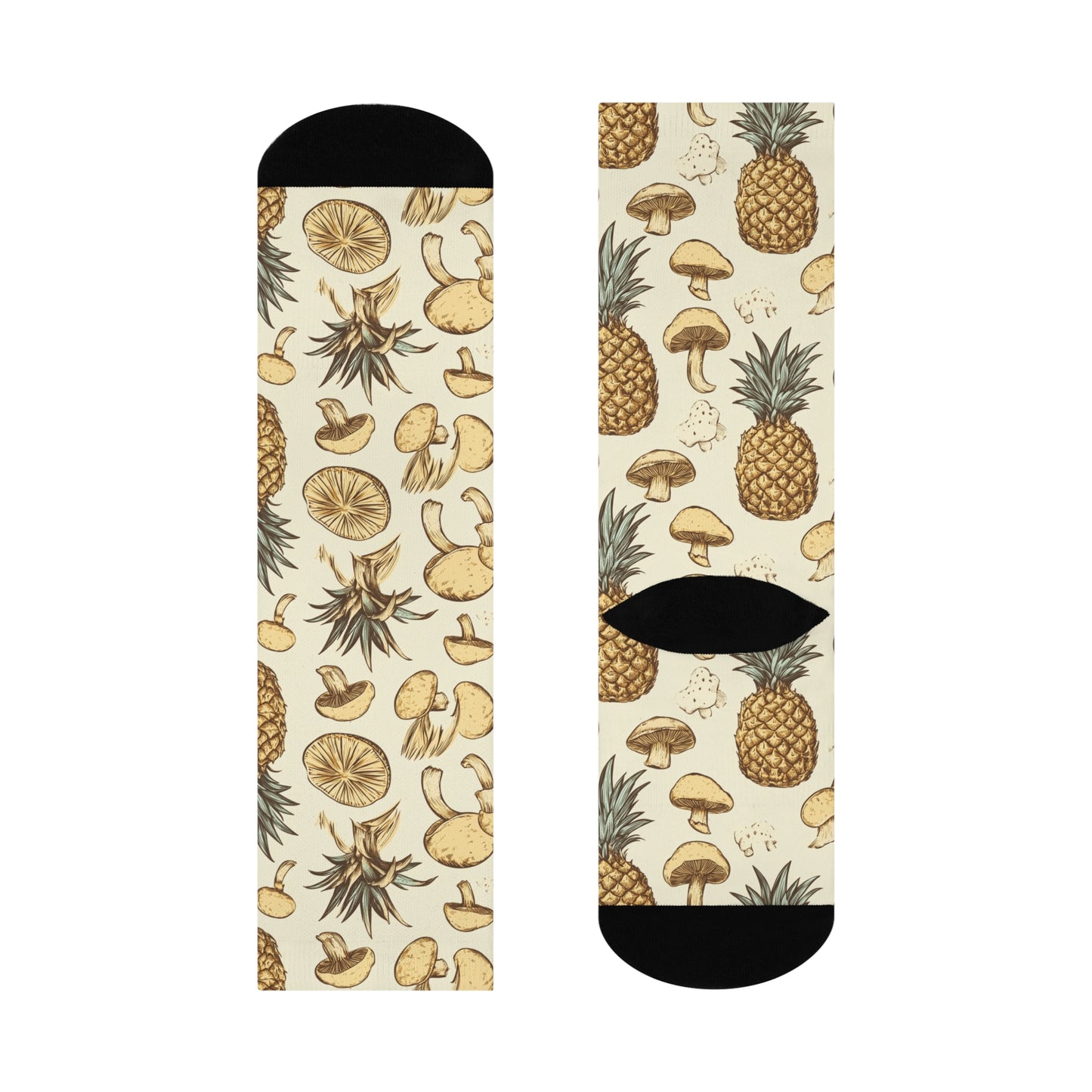 Mushroom + Pineapple Socks For Festival Season | Cushioned Crew Socks | Beige 006