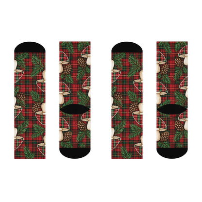 Festive Forest Plaid Christmas Mushroom Cushioned Crew Socks
