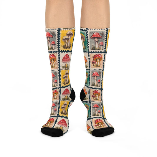 Mushroom Stamps Cushioned Crew Socks | Multicolored | Beige 004