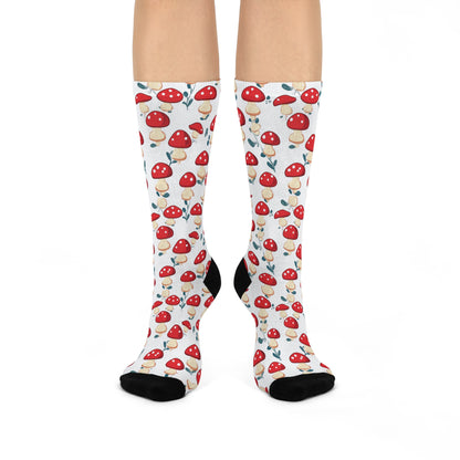 White Leafy Red Mushroom Crew Socks