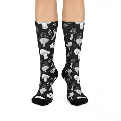Black & White Botanical Mushroom Crew Socks