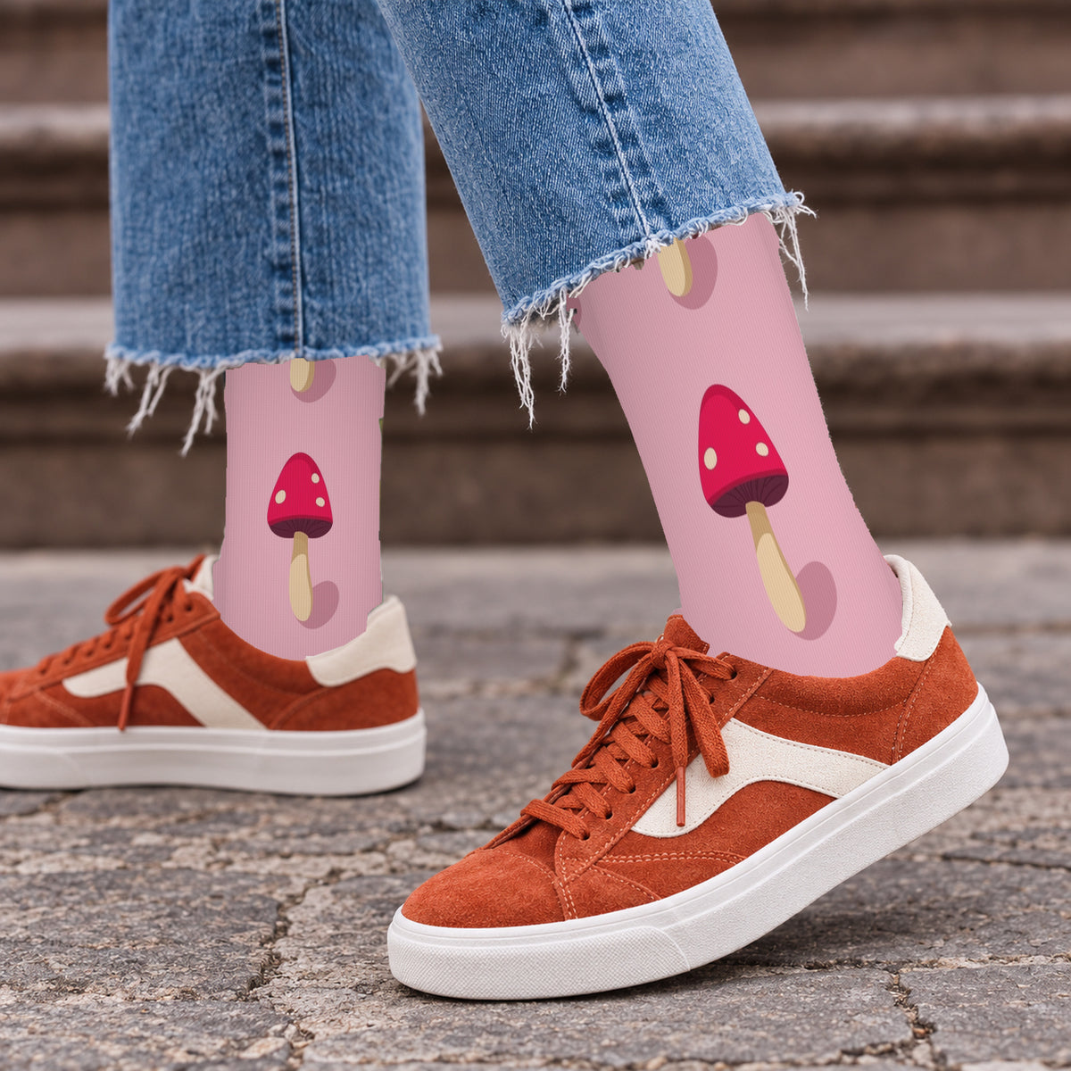 Blush Spotted Mushroom Crew Socks — lifestyle streetwear