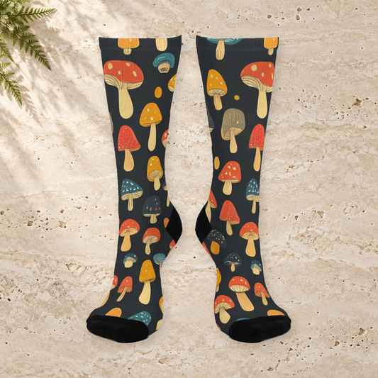 Black Autumn Mushroom Crew Socks