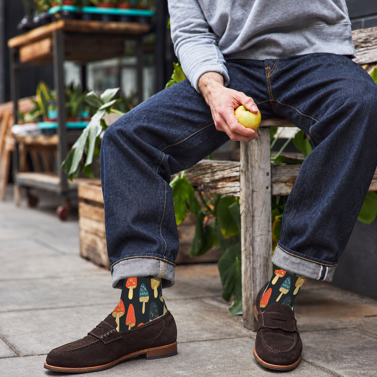 Black Autumn Mushroom Crew Socks — lifestyle cafe-loafers