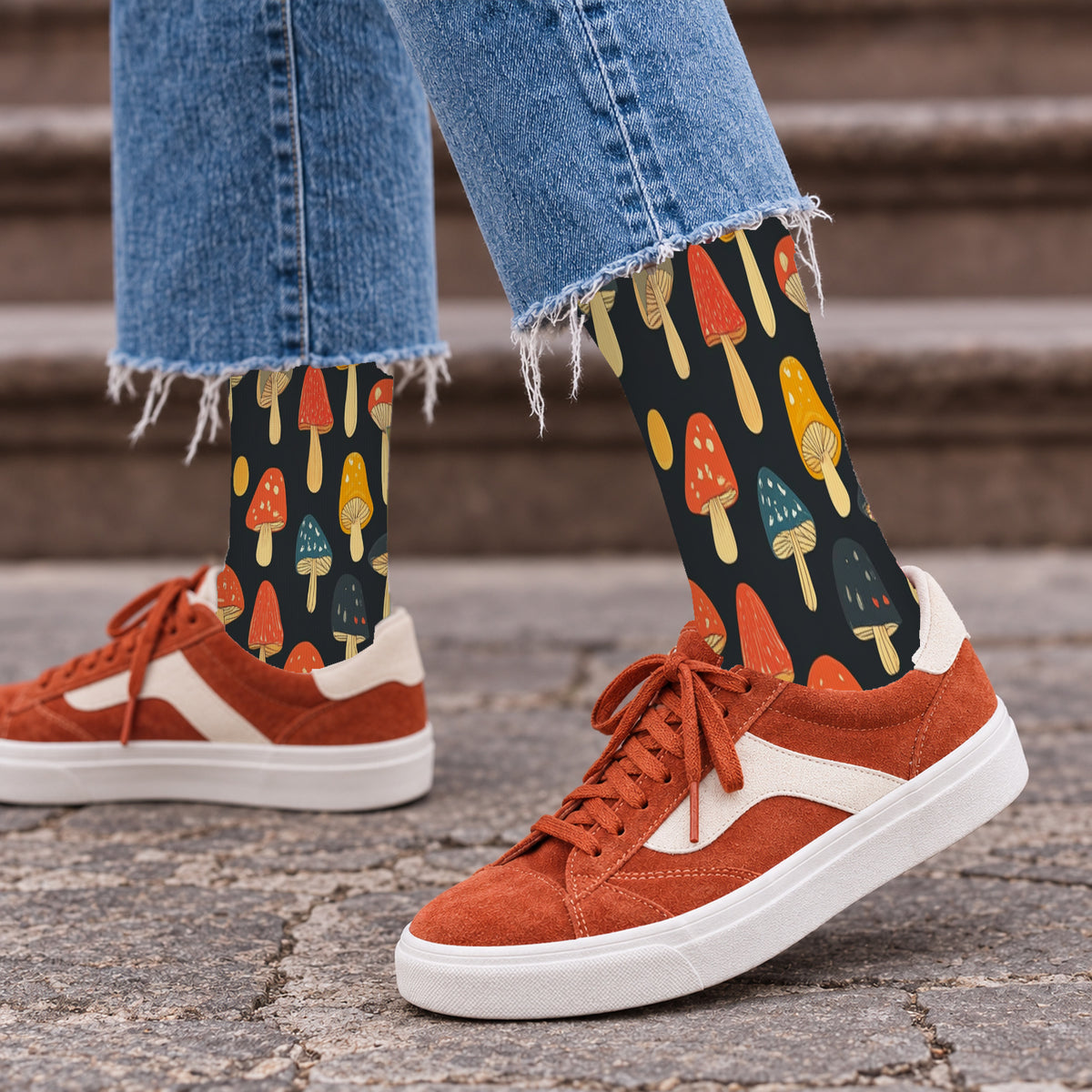 Black Autumn Mushroom Crew Socks — lifestyle streetwear