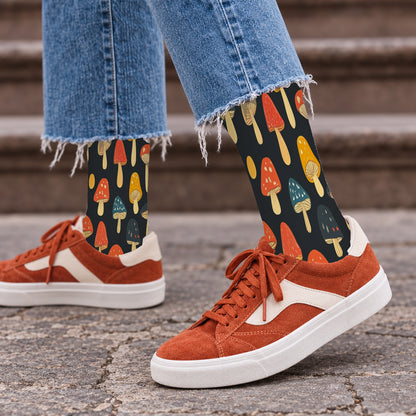 Black Autumn Mushroom Crew Socks — lifestyle streetwear