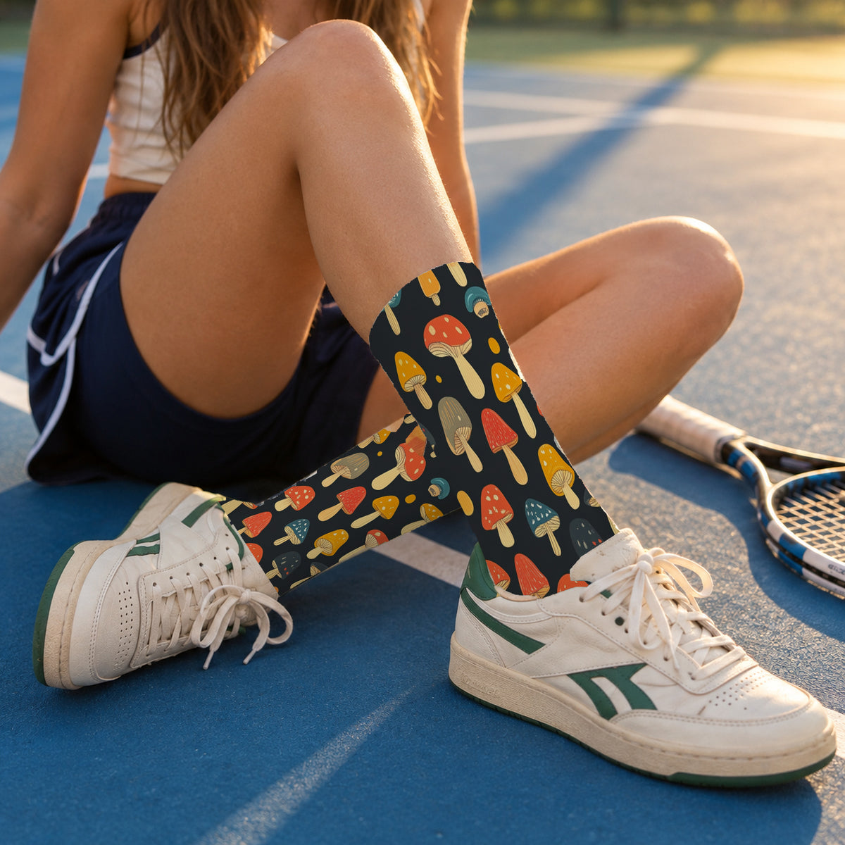 Black Autumn Mushroom Crew Socks — lifestyle tennis-court