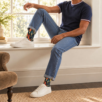 Black Autumn Mushroom Crew Socks — lifestyle window-seat