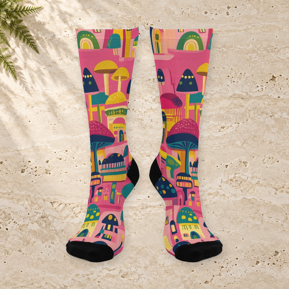 Pink Mushroom Village Crew Socks